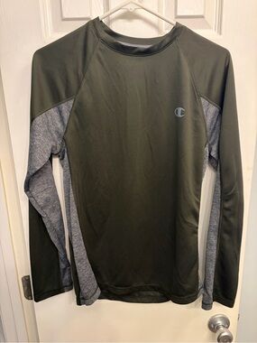 Champion Olive Green and Gray Men's Long-Sleeve Athletic Top
